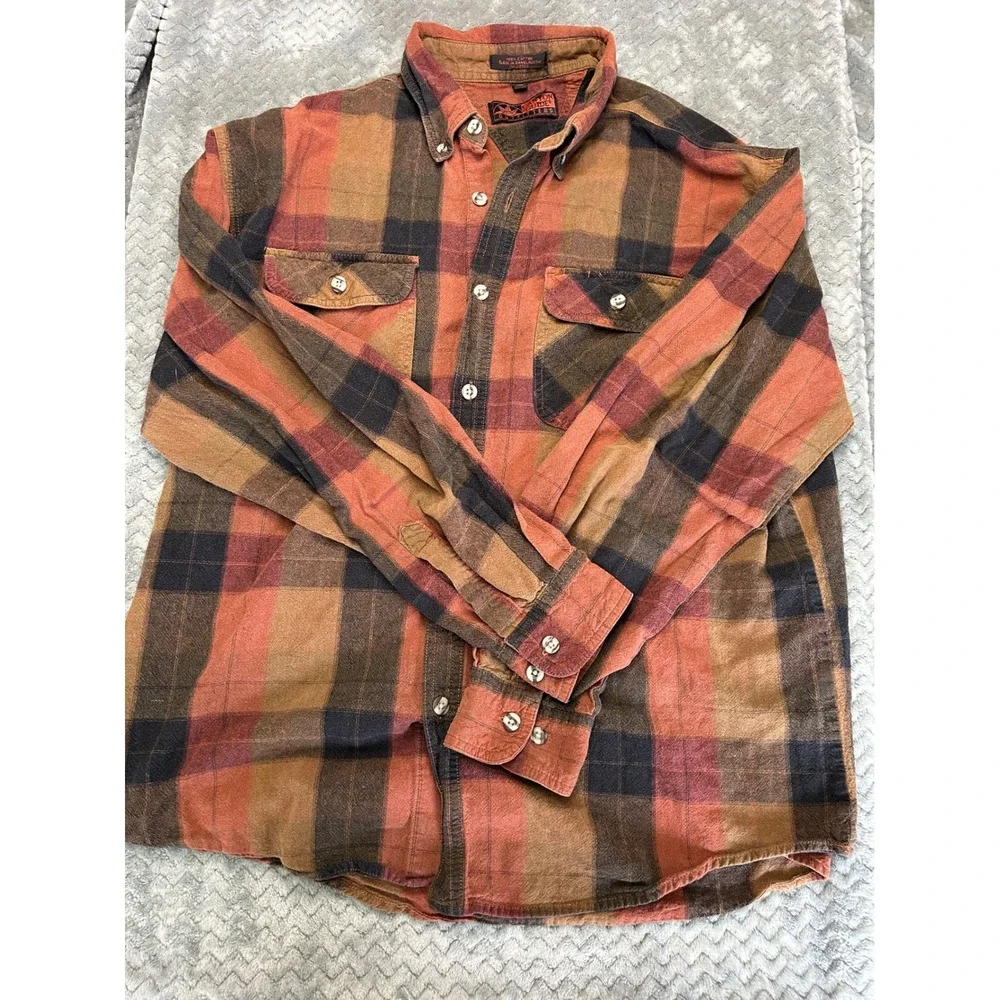 Canyon Guide Outfitters Mens XL Flannel Shirt Orange Brown Plaid Cotton Heavy